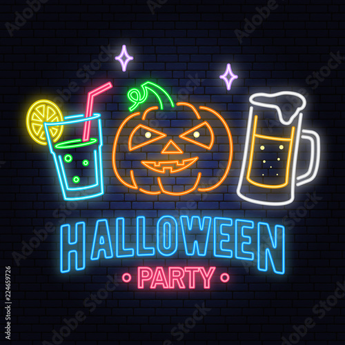 Halloween party neon sign. Vector illustration. Happy Halloween light banner with Beer, cocktail and pumpkin.