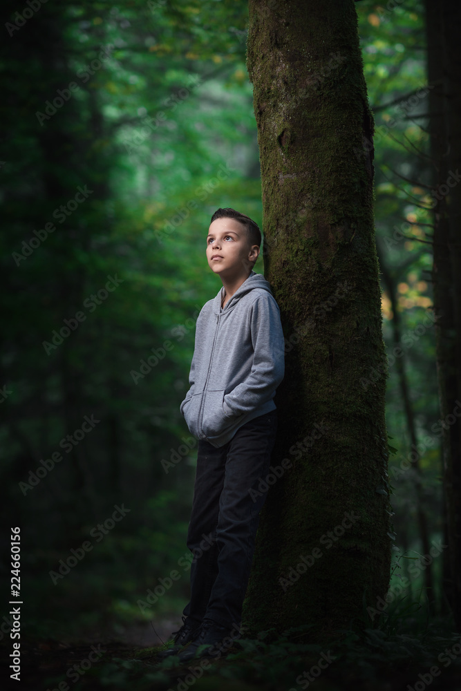 adorable boy stands in dense forests adorable boy stands in dense forests