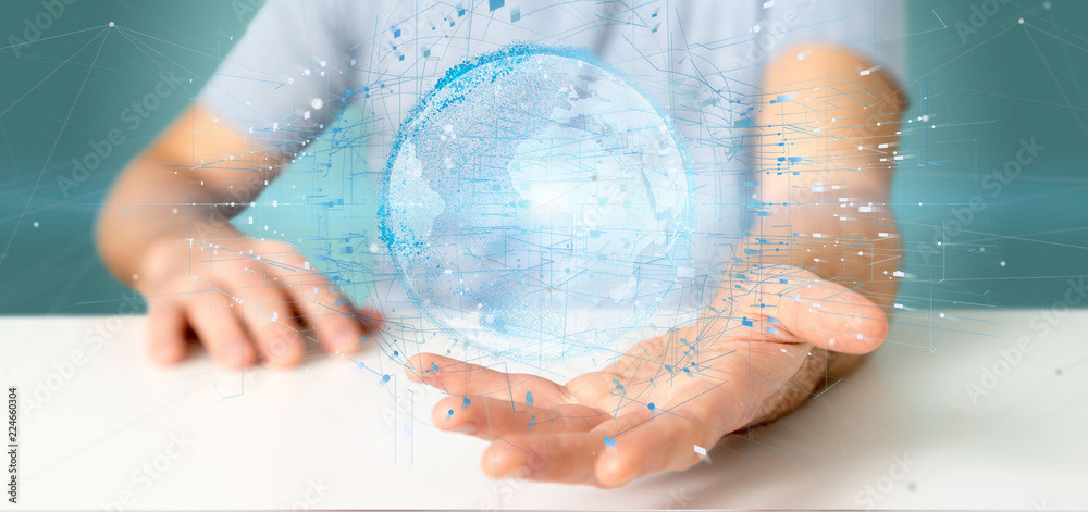 Fototapeta premium Businessman holding a 3d rendering data earth globe