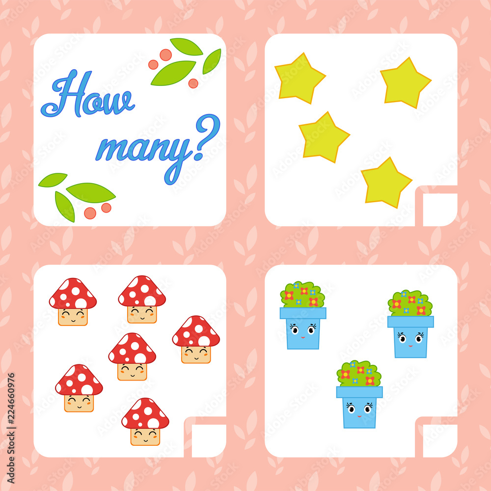 Obraz premium Counting game for preschool children for the development of mathematical abilities. Count the number of objects in the picture. With a place for answers. Simple flat isolated vector illustration.