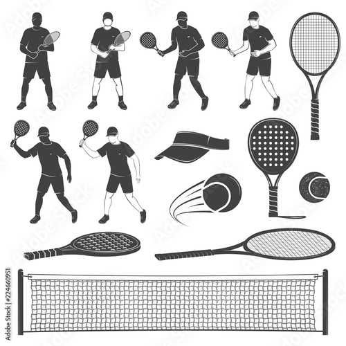 Set of tennis and paddle tennis equipment silhouettes. Vector illustration.