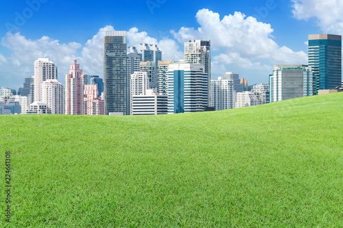 Green lawn outside the big city with cloud and blue sky