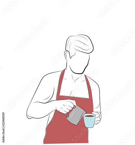 the man in the apron makes coffee. vector illustration.