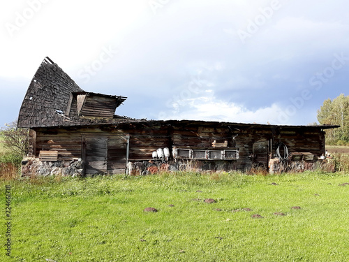 barn cowshed ancient damaged roof bad running farm photo