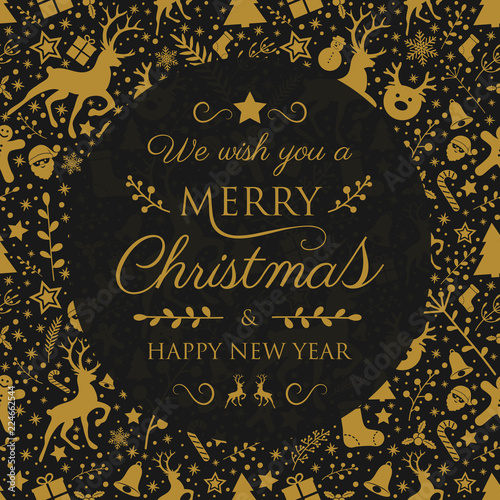 Design of Christmas greeting card with vinatge ornaments. Vector.