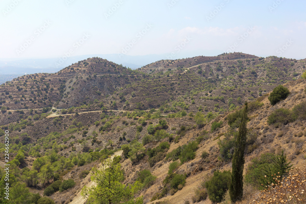 The mountainous surroundings near the Stavrovouni monastery, Larnaca, Cyprus. Summer Sunny day of August.