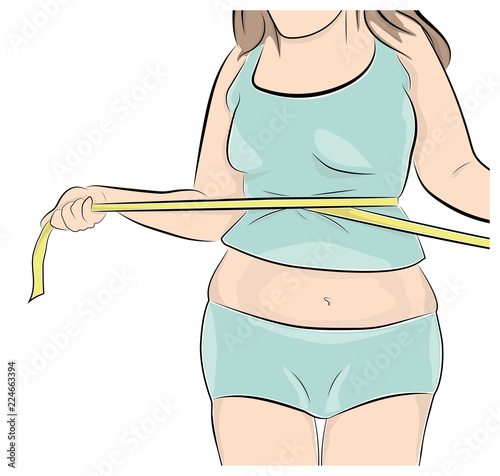 the full woman measures the waist. slimming concept. vector illustration.