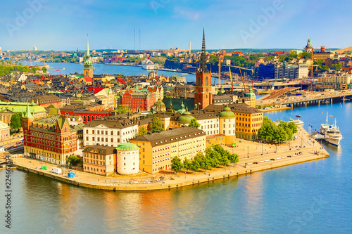 Gamla Stan, the old part of Stockholm in a sunny summer day, Sweden. Aerial view from Stockholm City hall Stadshuset. © Nikolay N. Antonov