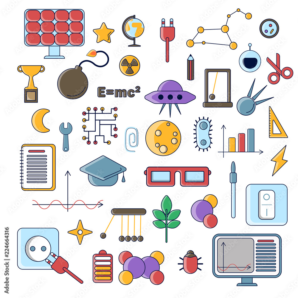 Set of scientific vector flat icons, education signs and symbols ...
