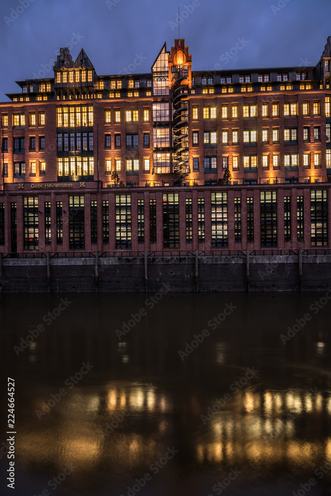 Warehouse district of Hamburg (Speicherstadt) at night.