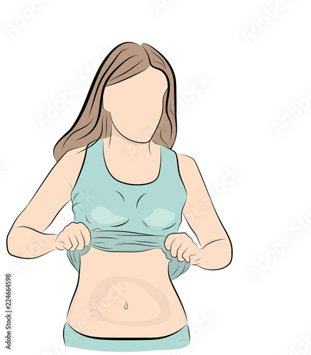 the girl raises a T-shirt. shows the stomach. losing weight. doing sports. vector illustration.