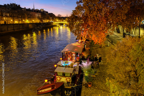 Paris in Autumn. The sun lights the river Seine, the turned yellow trees ashore and beautiful houses which make an architectural complex of the embankment