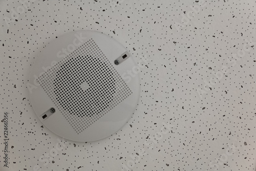 A round white speaker with a mesh is fixed to the white ceiling tile with screws.