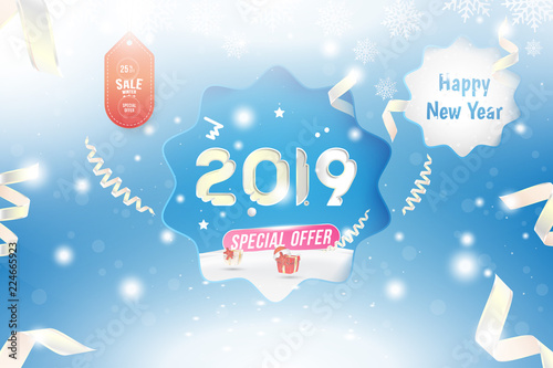Winter Sale 25% off. Happy new year 2019 Greeting card template with gift box and snowdrifts on blue background with special offer. Creative banner with ribbons and light effects.
