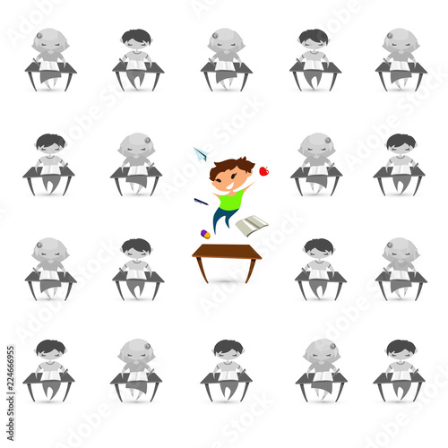 Children attention deficit hyperactivity disorder problem. Vector illustration of classroom. Children studying. Flat boys and girls on grey background.