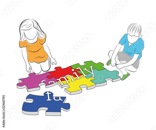 children collect the word "family" from puzzles. vector illustration.
