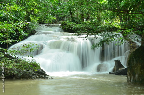 Scenic view of waterfall in the forest  come back to the nest  erawan waterfall national park kanchanaburi thailand. 