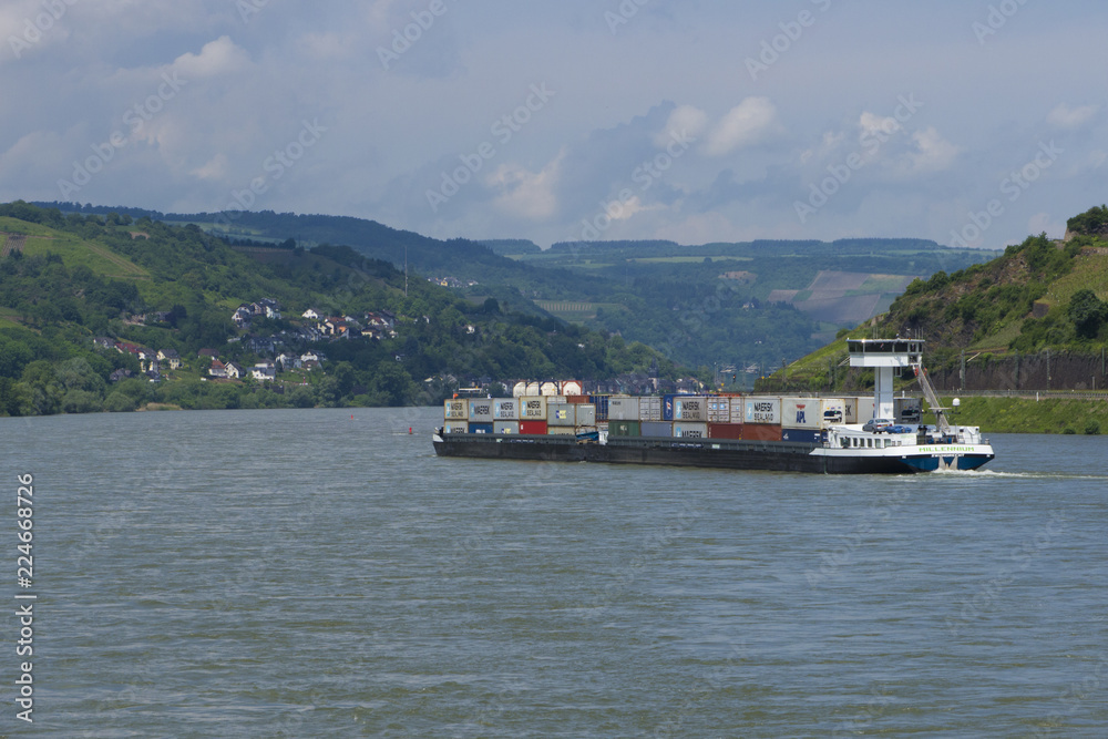 Container barge on the River Rhine Germany.