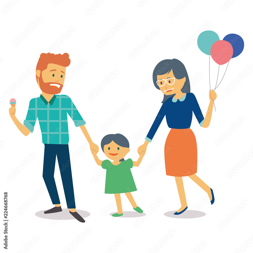 Family with young kid and mother holding balloons