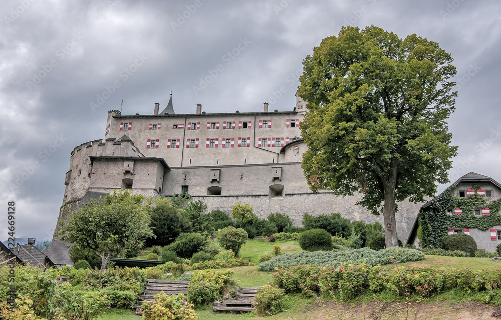Hohenwerfen Castle or Festung Hohenwerfen overlooking the Austrian Werfen town in Salzach valley near Salzburg, Austria