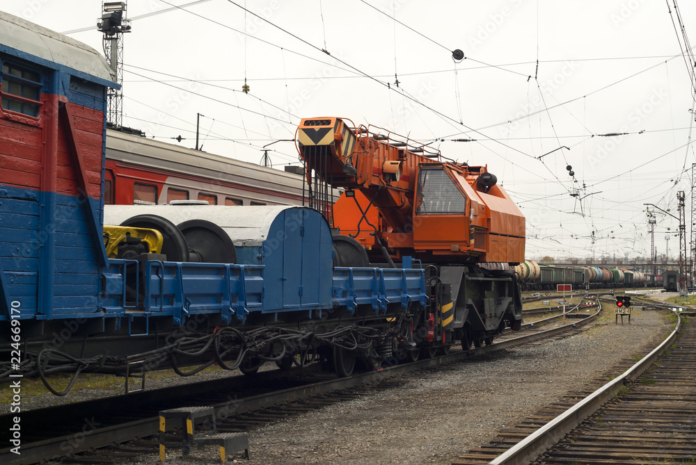 railway crane in the train for accident recovery work railway crane in the train for accident recovery work