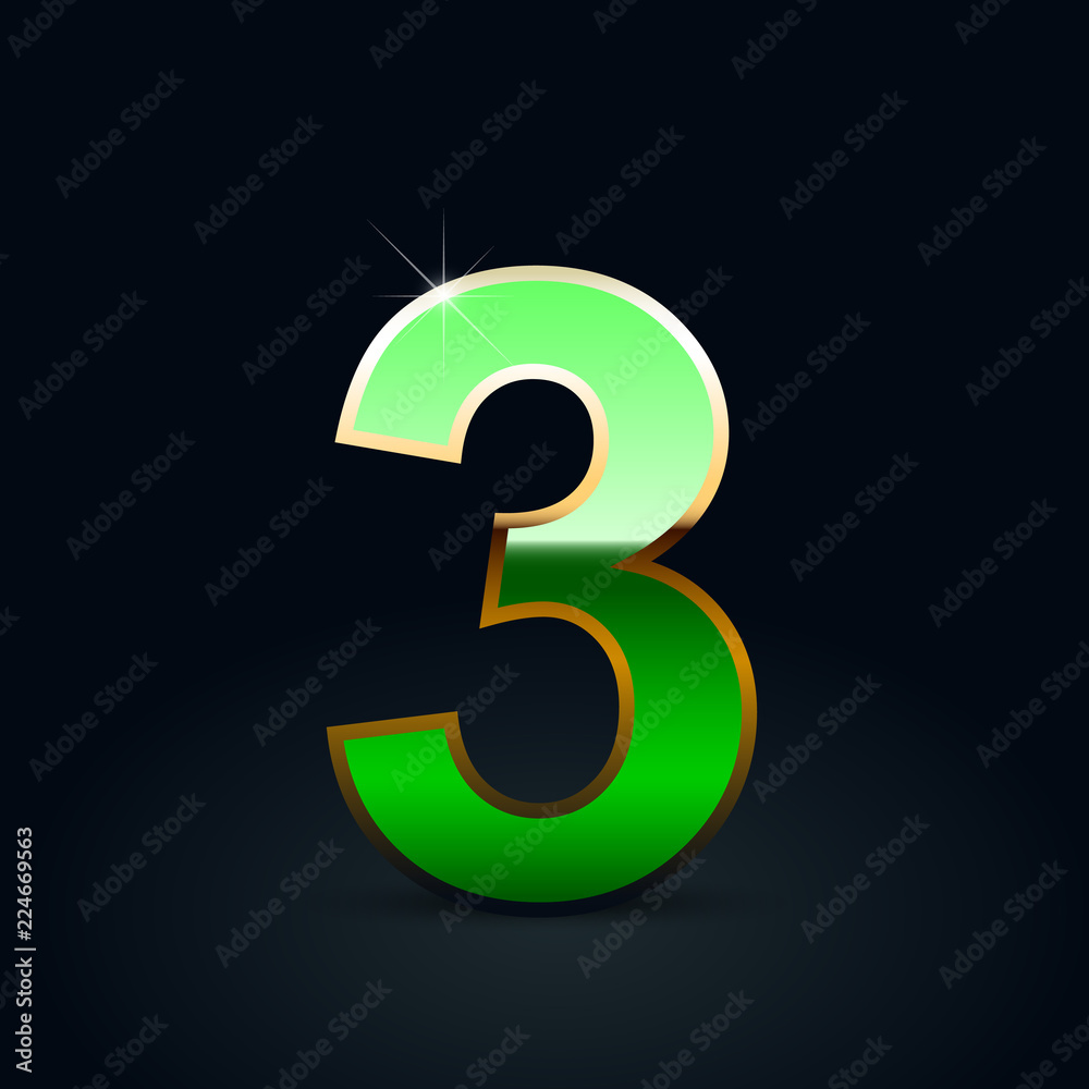 Green glossy casino number 3 with golden outline isolated on black background Green glossy casino number 3 with golden outline isolated on black background