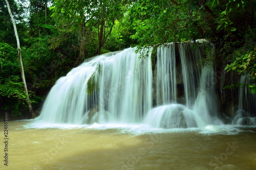 Scenic view of waterfall in the forest  place of fish  erawan waterfall national park kanchanaburi thailand. 