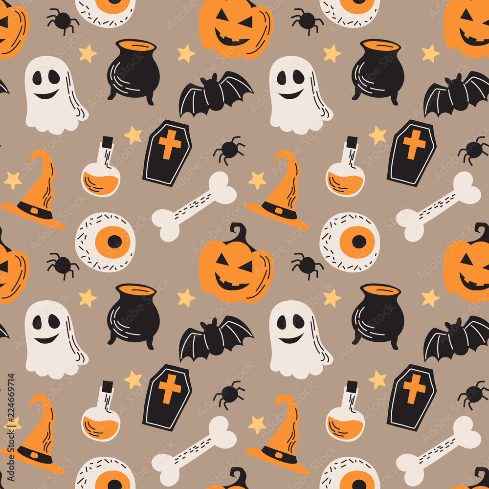 Halloween seamless pattern with pumpkins, bats, ghosts, spiders, hats. Vector illustration