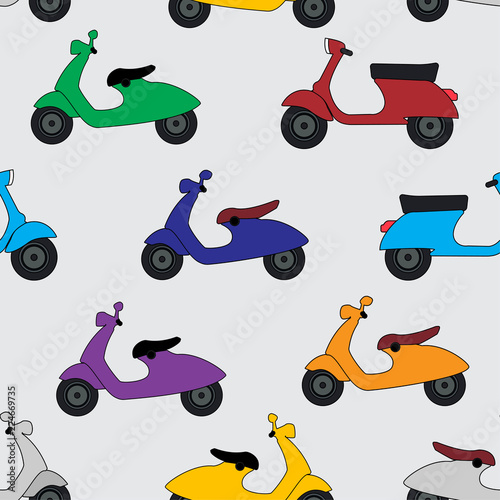 Seamless pattern with colorful vector handdrawn paint of italian moped on a lightgray background