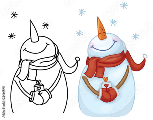 Vector happy snowman cartoon holding gift,  isolated on white.