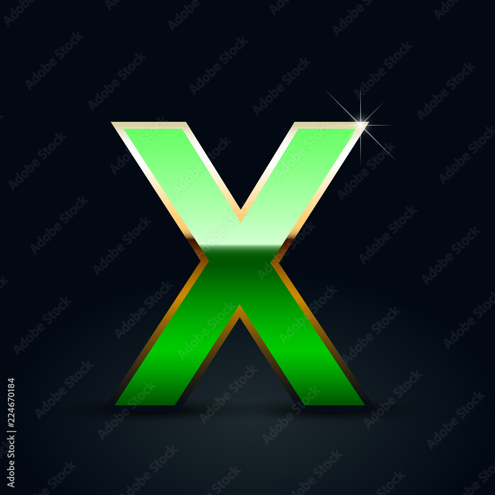 Green glossy casino letter X uppercase with golden outline isolated on black background Green glossy casino letter X uppercase with golden outline isolated on black background