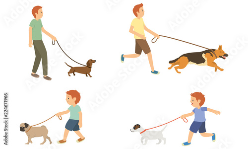  Young guy and kids walking with dogs vector set