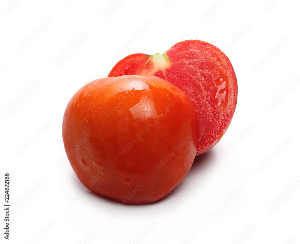 Fresh red tomato with slices isolated on white background Fresh red tomato with slices isolated on white background