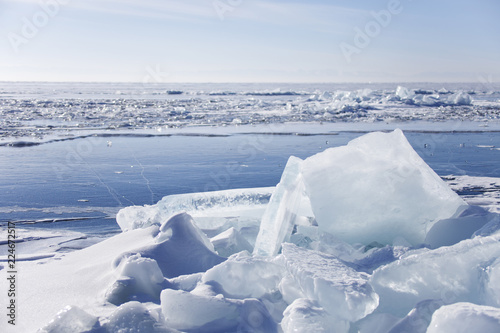 Winter landscape of Lake Baikal. Ice floes