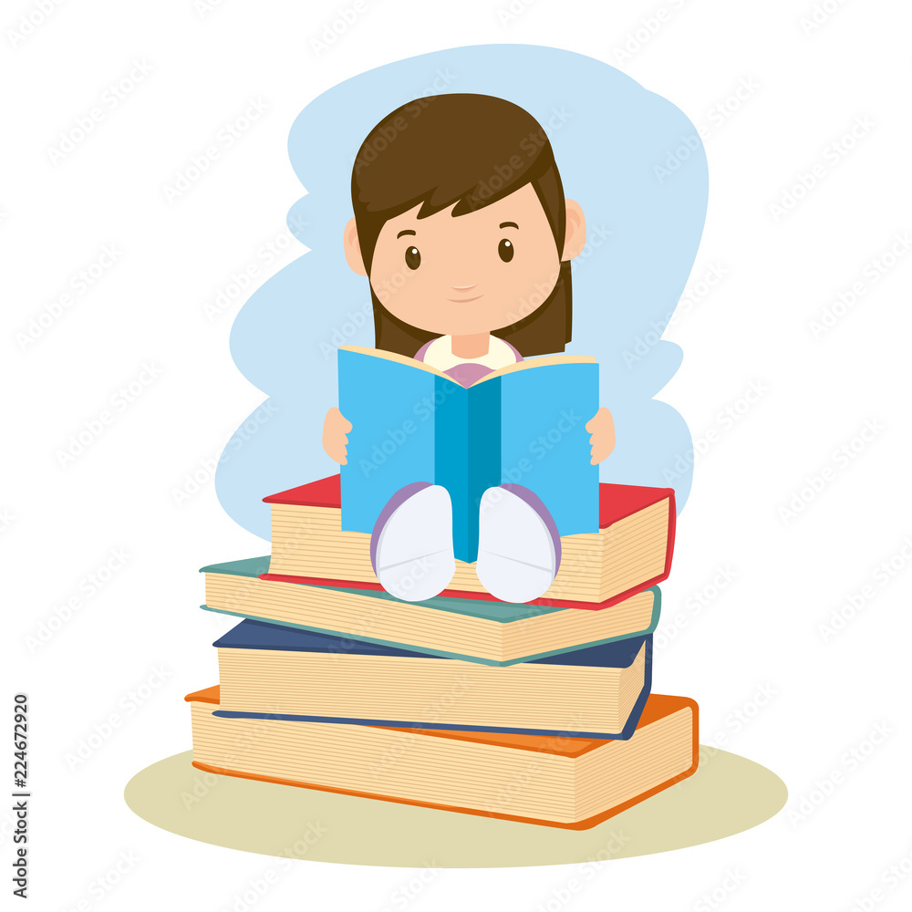 little girl student reading book