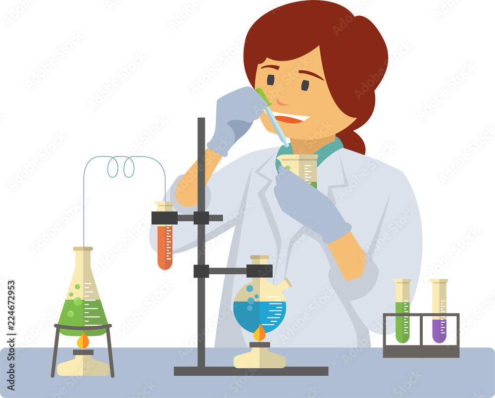 chemist with test tubes and flasks, glass beaker chemist with test tubes and flasks, glass beaker