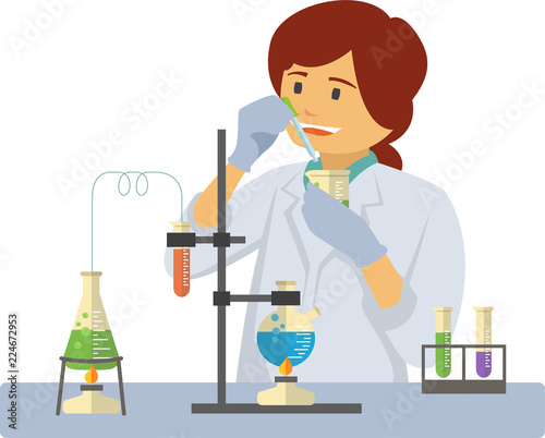 chemist with test tubes and flasks, glass beaker