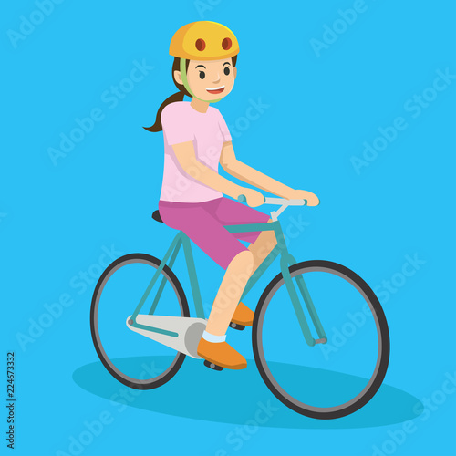 Happy young girl in pink riding a bicycle. Vector illustration