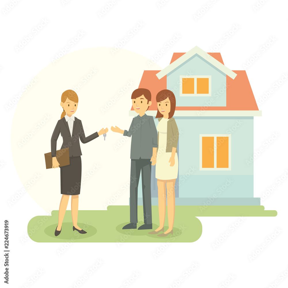 Vector illustration of real estate agent showing the house that he sale to the buyer Vector illustration of real estate agent showing the house that he sale to the buyer