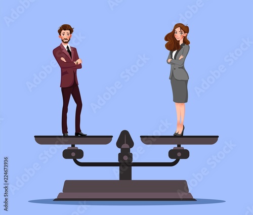 Gender equality with businessman and businesswoman on scales. Equal pay and opportunity business vector concept. Illustration of male and female equal rights