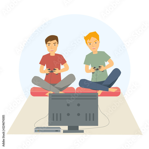 Two guys playing games on his big flat television screen in their living room