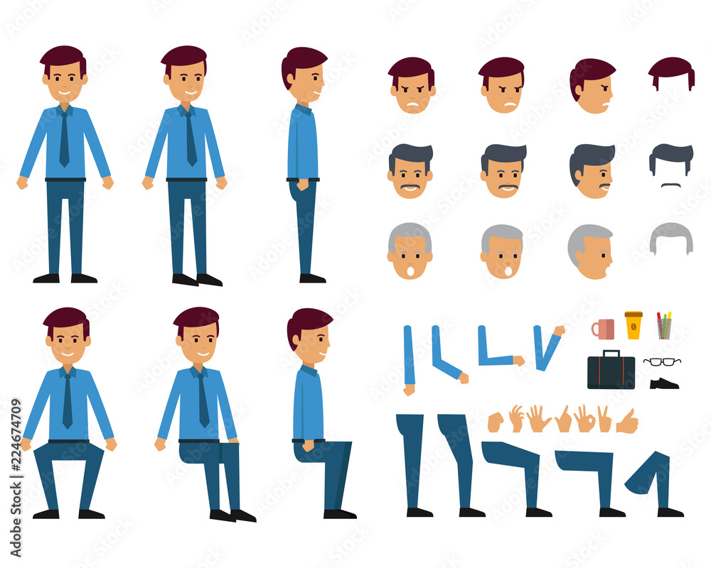 Cartoon of businessman with many head and hairstyles. Various leg and accessory Cartoon of businessman with many head and hairstyles. Various leg and accessory