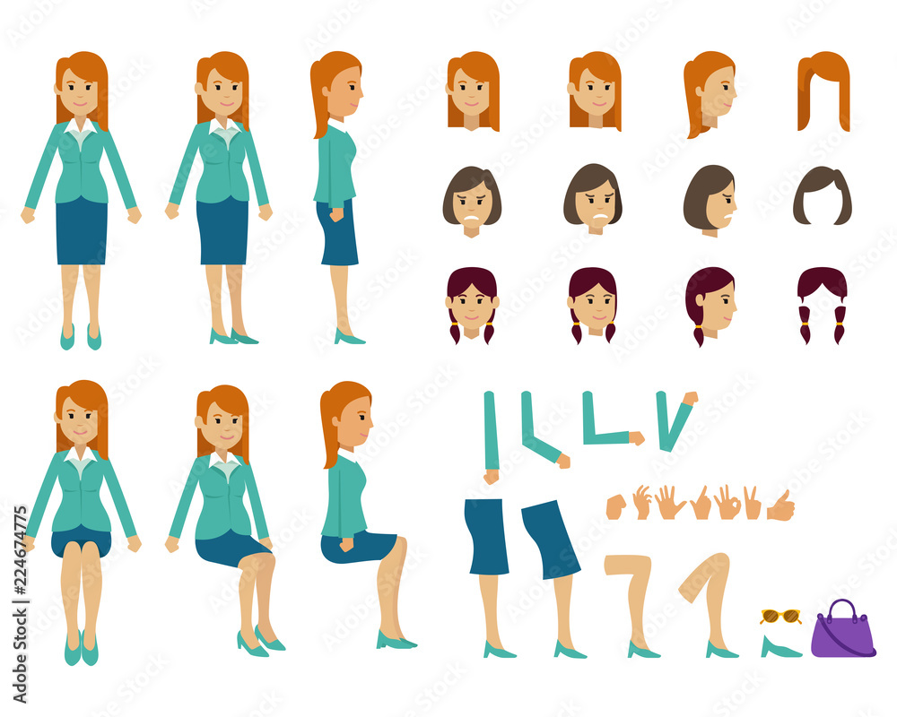 Cute women with many poses. Various head, various hairstyles, and various leg