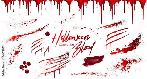 Blood collection, Happy Halloween decoration, Vector bloody horror drop, drip, splatter, creepy splash, spot, ... Realistic blood on transparent background, isolated. photo