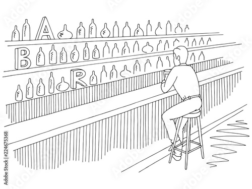 Man sitting in a bar and drinking beer graphic black white sketch illustration vector