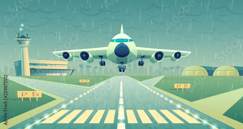 Vector cartoon illustration, white airliner, jet over runway. Takeoff or landing of commercial airplane in difficult weather conditions on background airport building and heavy rain. Concept banner