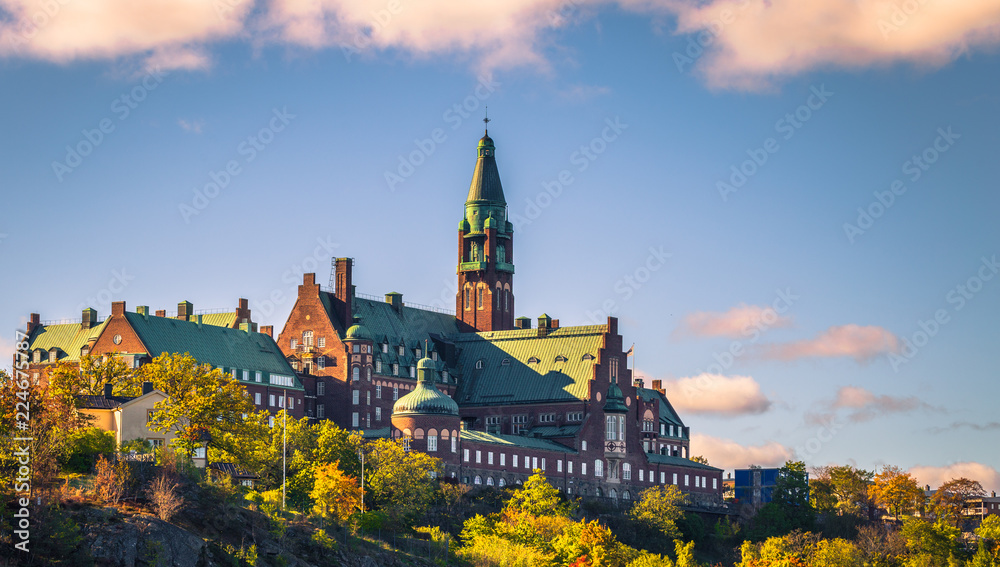 Fototapeta premium Stockholm - September 23, 2018: Historic building in Stockholm seen from the Swedish Archipelago, Sweden