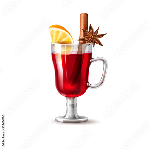 Vector realistic mulled wine glass orange anise