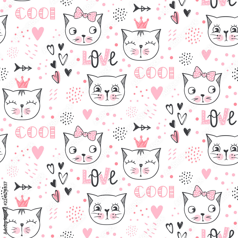 Vector fashion cat seamless pattern. Cute kitten illustration