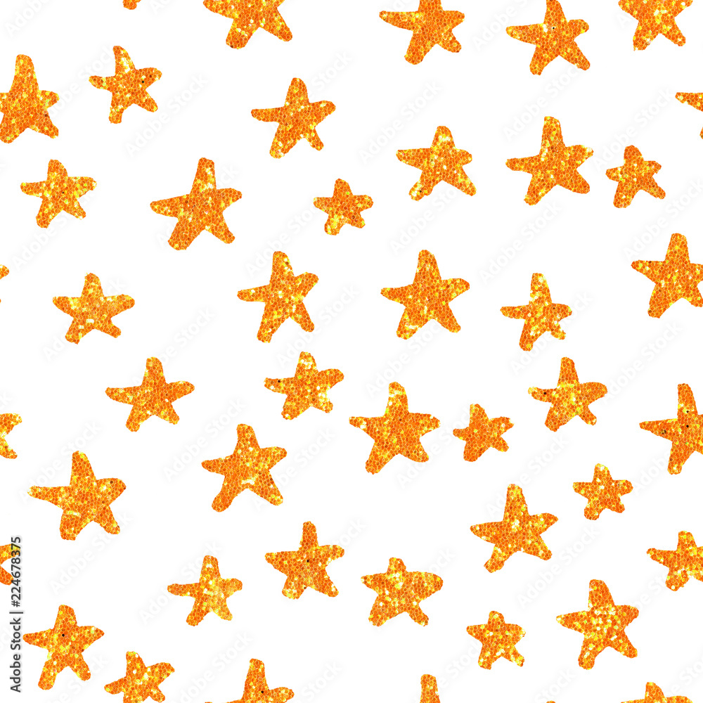 Hand Drawn golden stars. Seamless pattern with gold stars. Gift wrap, print, cloth, christmas holiday, cute background for a card. Star on white background. Yellow gold glitter sparkling shiny.